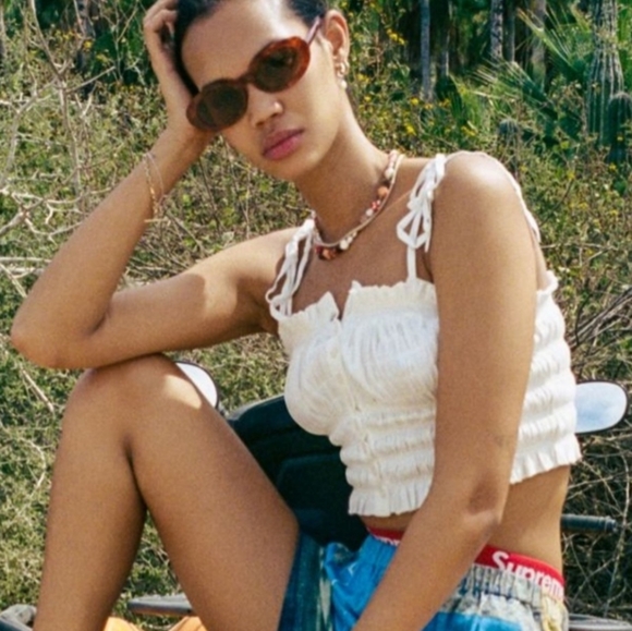 Urban Outfitters Tops - Urban Outfitters Tulla Smocked Crop Top White Tie Shoulder Medium